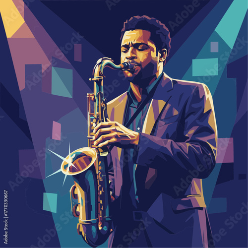 WPAP portrait of a jazz saxophone player in a dark lounge setting with golden and violet highlights. Smooth, soulful, and expressive polygonal design.
