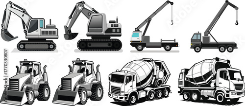 Vector Collection of Heavy Construction Machinery and Vehicles Set