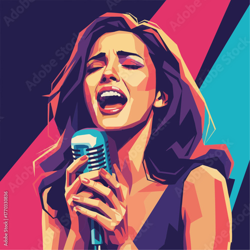 WPAP portrait of a female singer performing passionately on stage with a vintage microphone. High contrast lighting and expressive pop art color palette.