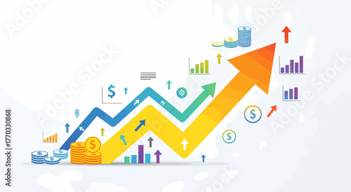 Bright Business Growth Chart With Rising Arrows And Coin Stacks