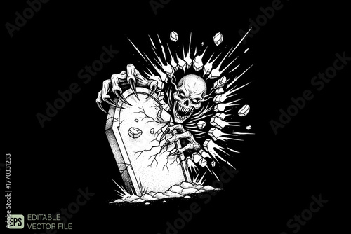 Undead Skeleton Hand Bursting from Grave in Spooky Graveyard Sce