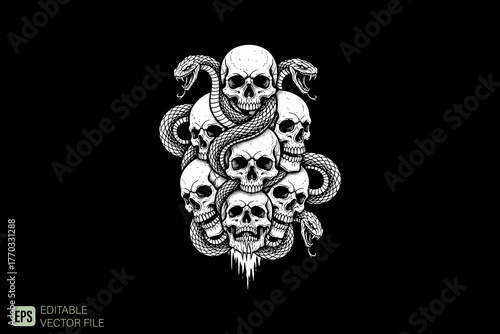 Pile of Skulls and Snakes Tattoo Design.