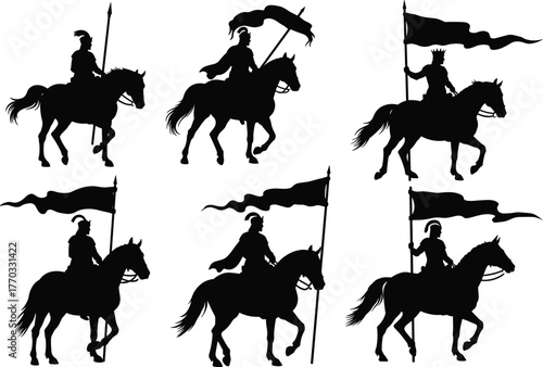 PrintSilhouette of medieval knights riding horses with flags and spears, cavalry warriors, royal soldiers illustration, historical battle scene, vector art design