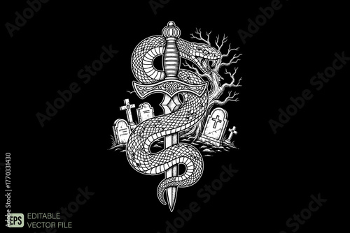 Intricate Serpent and Dagger with Graveyard Elements in Monochro
