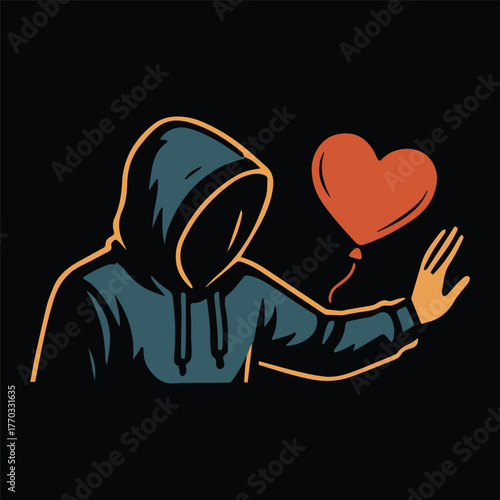 Hooded Figure Letting Go of a Heart Balloon with Emotional Distance and Dark Urban Style