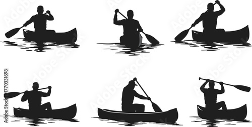 PrintSilhouette of people kayaking and canoeing on calm water, outdoor adventure paddling activity, boating exercise, lake sport illustration vector