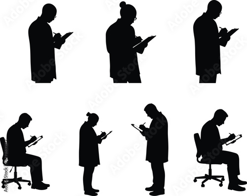 PrintSilhouette of people writing on clipboard, sitting and standing, office documentation, business teamwork, report preparation, data analysis, research, professional concept