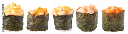 Collection of sushi rolls. Set of gunkan type sushi rolls (nori, tuna, salmon, shrimp, crab, eel fish) isolated on white background