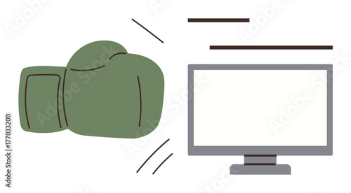 Boxing glove hitting computer monitor with motion lines, symbolizing conflict, challenge, disruption. Ideal for technology, competition, business, conflict aggression power disruption. Simple flat
