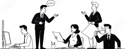 Silhouetted office workers in various tasks, typing speaking reading discussing drinking, black vector illustration, workplace activity concept, business design artwork