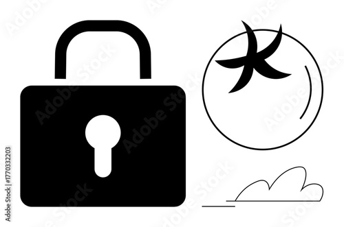 Black padlock with keyhole next to a stylized tomato slice in a circle and a simple cloud. Ideal for security, food safety, healthy living, digital privacy, balance, minimalism, eco themes. A simple