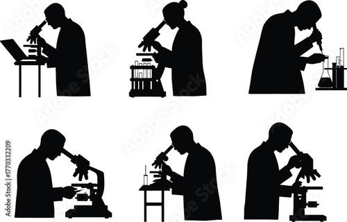 PrintSilhouette of scientists working with microscopes in laboratory, research experiment, biology, chemistry, innovation, science discovery, education, medical research illustration