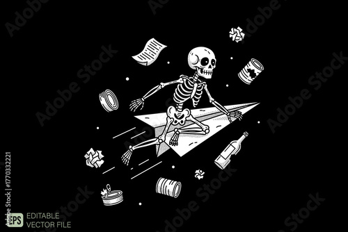 Skeleton Riding Paper Airplane Through Space with Debris.