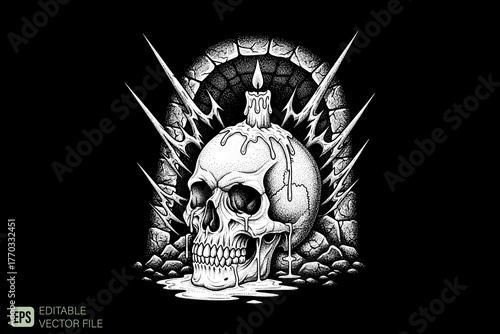 Skull with Burning Candle in a Dark Archway.