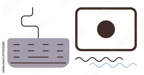 Computer keyboard connected to monitor displaying a dot with wavy signals. Ideal for technology, communication, computing, data entry, remote work, programming, minimal design. Flat metaphor