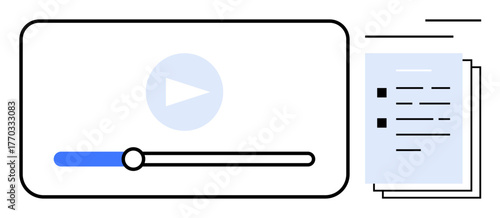 Video player with play button and progress slider beside stacked documents or learning notes. Ideal for education, training, multimedia, productivity, presentation, content sharing, simple flat