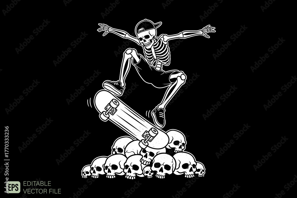 Fototapeta premium Skeleton Skateboarder Performing an Ollie Trick on a Pile of Sku