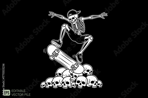 Skeleton Skateboarder Performing an Ollie Trick on a Pile of Sku
