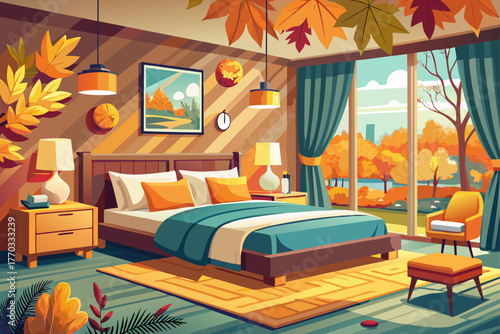 The modern and comfortable bedroom of the hotel has a cozy bed with a soft bed and elegant furniture, autumn, both air and decoration, a stylish interior design concept for staying on a trip.
