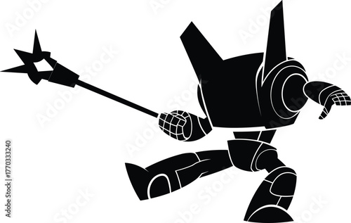Vector silhouette illustration of humanoid robot with spiked weapon in combat stance for action concept, futuristic theme, and dynamic posture design