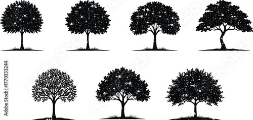 PrintSilhouette trees collection, natural tree shapes, black forest illustration, isolated woodland landscape, nature graphic art, vector tree design, environment background