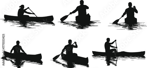 PrintSilhouettes of People Canoeing on Water, Paddle Boating Outdoor Activity, Lake or River Adventure, Recreation and Nature Travel Scene