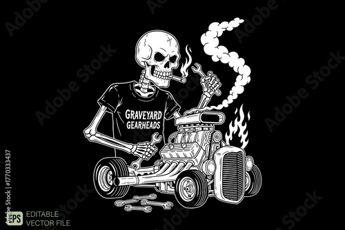 Skeleton Mechanic Smoking and Working on Hot Rod Car Engine.