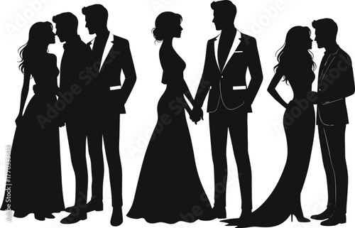 Silhouetted couples in formal attire, gown and suit illustration, romantic connection artwork, 