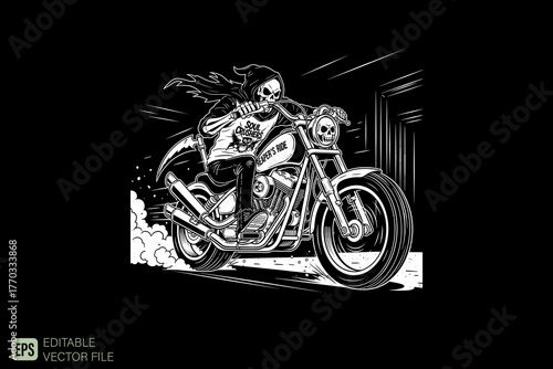 Skull Rider on a Motorcycle in a Dynamic Black and White Illustr