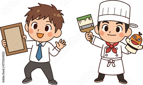 Cartoon office worker and chef with creative props, professional character illustration for career diversity, education, and stock content use