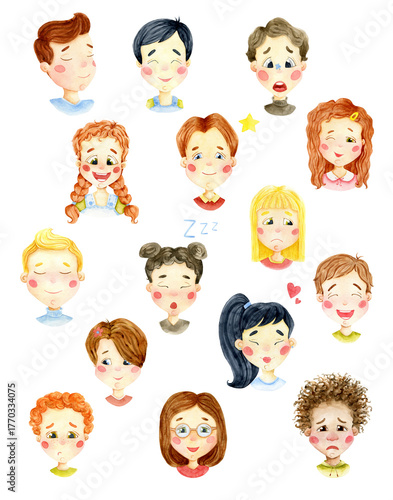 Watercolor kids faces illustrations set. Children emotions hand drawn cliparts isolated on transparent background. Cartoon characters design poster. People nationality cartoon drawing.