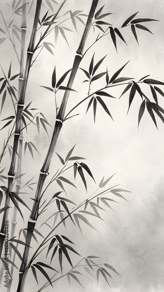 Obraz premium Black and white illustration of bamboo stalks and leaves against a soft gray background, showcasing traditional Japanese patterns and aesthetics.