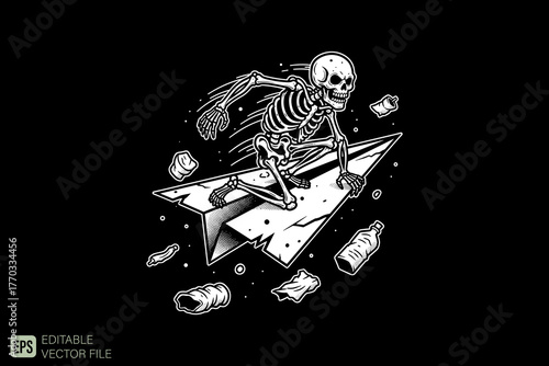 Skeleton Riding Paper Airplane Through Space with Debris.