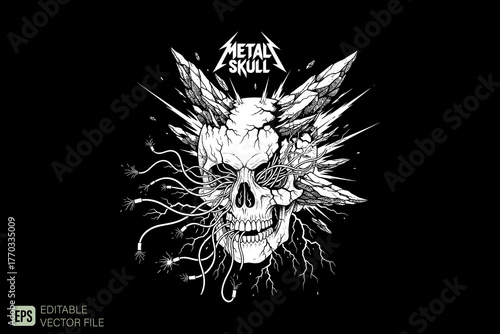 Metal Skull with Lightning and Spikes, Heavy Metal Music Theme.