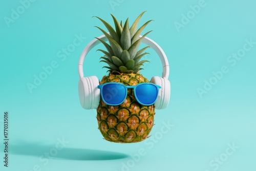 Vibrant pineapple floats coolly, wearing stylish blue sunglasses and white headphones, evoking a cheerful summer vacation feeling