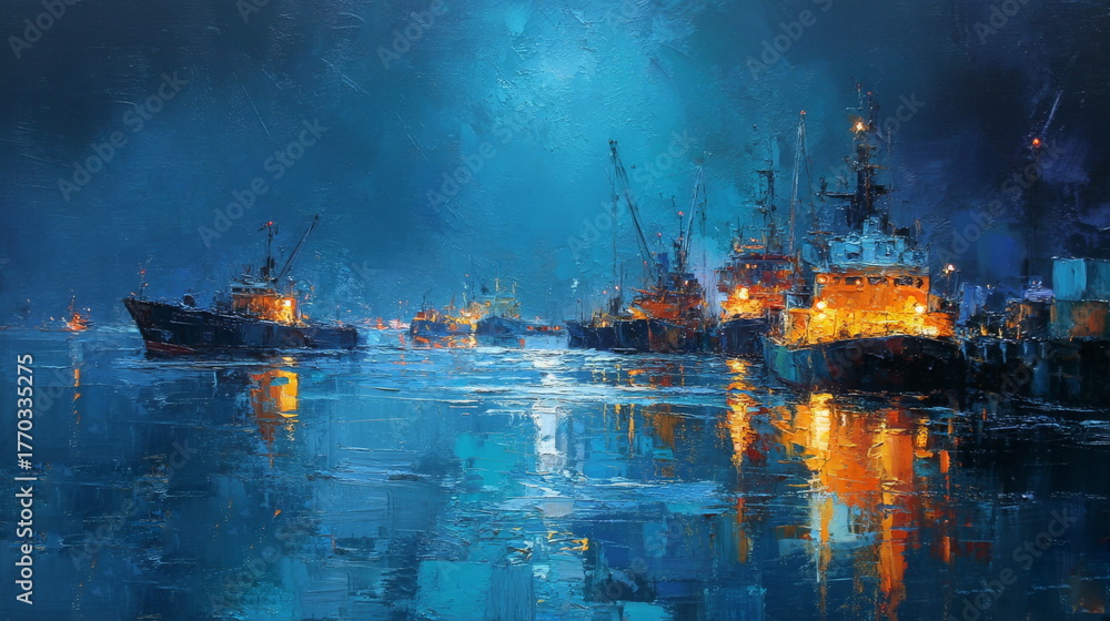 Fototapeta premium Ship with searchlight at night. The boat is at the pier. Moonlit night, dark water.Paintings