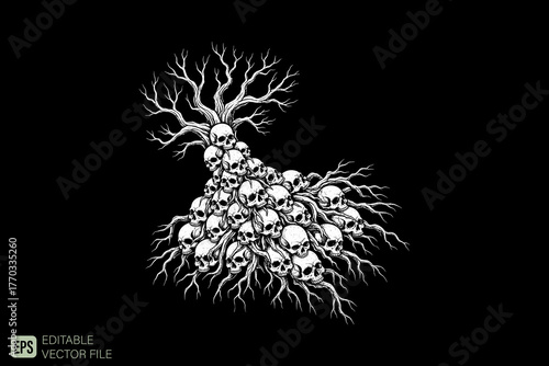 Macabre Tree of Skulls and Roots on a Dark Background.