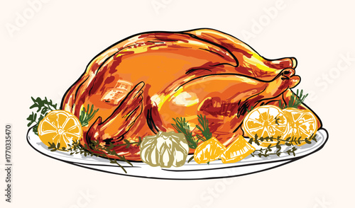 Thanksgiving Turkey with Lemons and Herbs Vintage Illustration