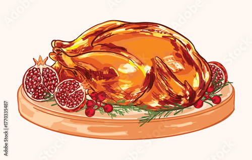 Roast Turkey with Pomegranate and Cranberries Vintage Illustration