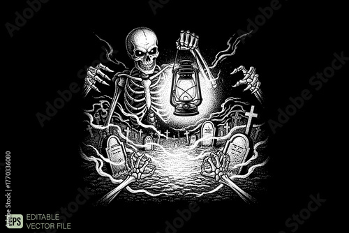 Skeleton holding a lantern in a graveyard at night.
