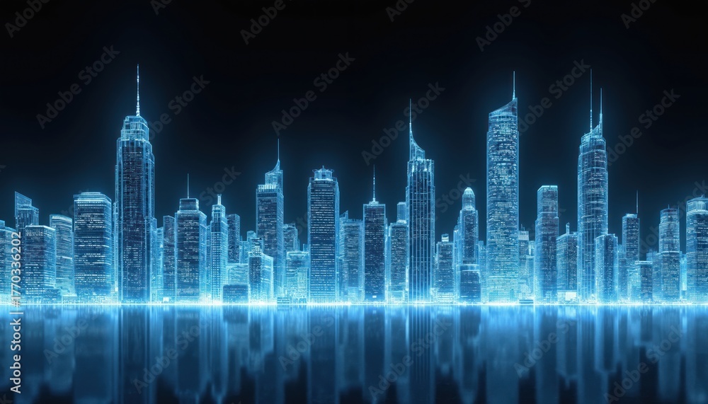 Fototapeta premium Blue glowing cityscape wireframe with reflections. Futuristic urban skyline digital architecture structure. Smart city concept with tall buildings and bright lights.