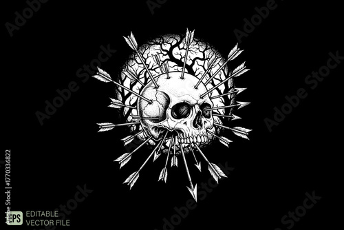 Skull with Arrows and Tree Branches, a Symbol of Life and Death.