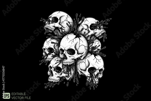 Pile of Skulls with Cracks and Dripping Substance.