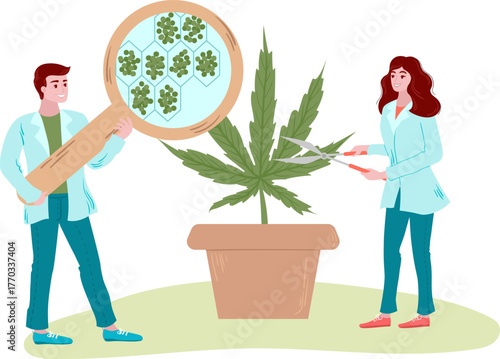 Two individuals, one examining a cannabis plant with a magnifying glass, while the other prunes it to nurture its growth in a laboratory-style setting with greenery around.