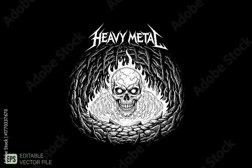 Heavy Metal Skull with Flames and Thorns Illustration.