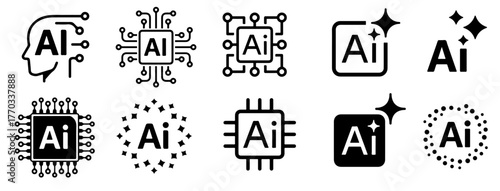 Artificial intelligence icon collection , Smart robotic, chip, ai, bot, network, collection. Vector illustration, Containing hardware computer, microchip ,Editable stroke. Pixel perfect.