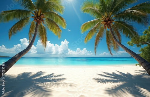 Tropical beach scene with white sand and calm turquoise ocean water. Two palm trees stand on sandy shore with green leaves and coconuts under sunny blue sky with fluffy clouds.