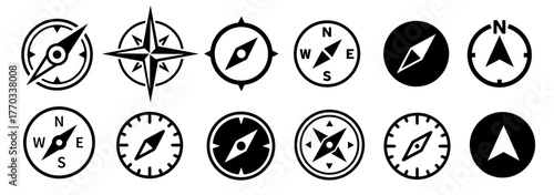 Vector compass icons. NoNavigation symbolrth south west and east , Black and white symbols ,Vector illustration,Vintage marine wind rose, nautical chart,Geographical position, cartography.