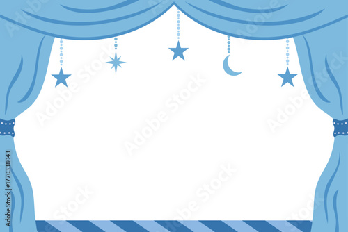 夢かわいい舞台幕のフレームイラスト（ブルー）