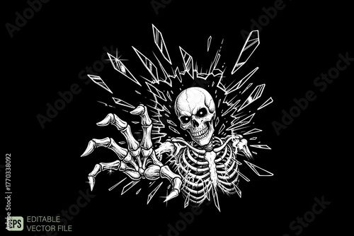 Skeleton Breaking Through Glass Vector Illustration.